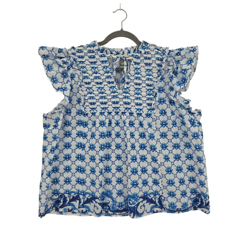 Farmers Market Blue White Floral Flutter Sleeve Cotton Blouse XL Cottagecore